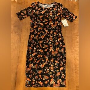 LuLaRoe Black and Orange Bodycon Dress Short Sleeve Crew Neck